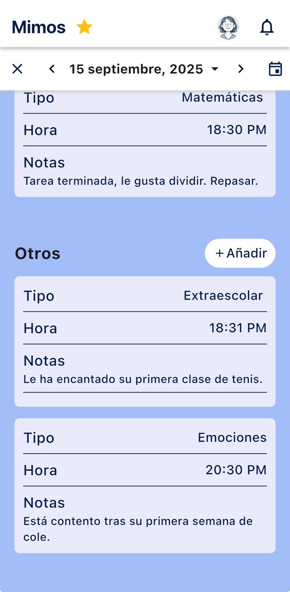 Mimos App - Diario del Cuidado para anotar observaciones y síntomas