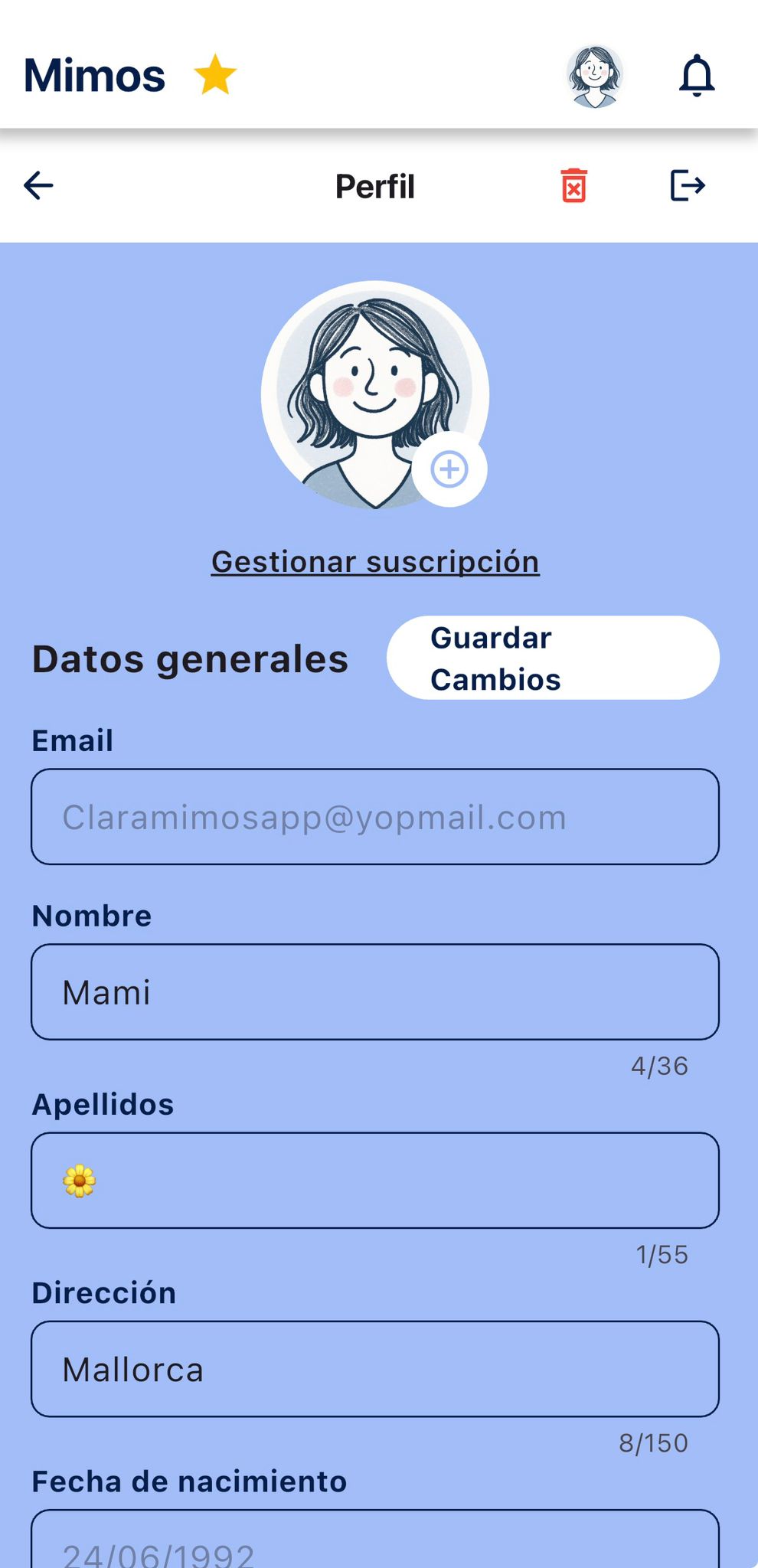 Mimos App - Panel de información del Cuidador Titular y gestión de red